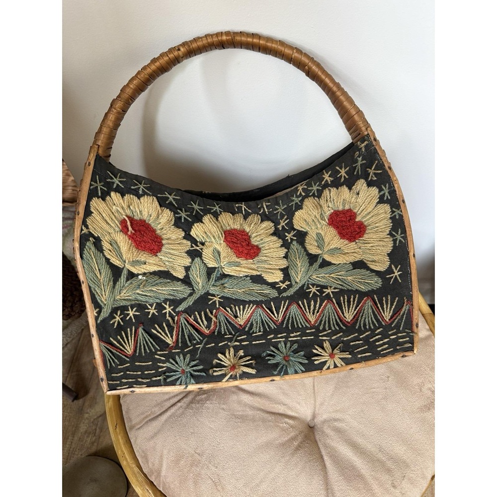 Portugal Embroidered Straw Basket Purse Woven Handle Floral Folk Art Boho VTG - Picture 6 of 15